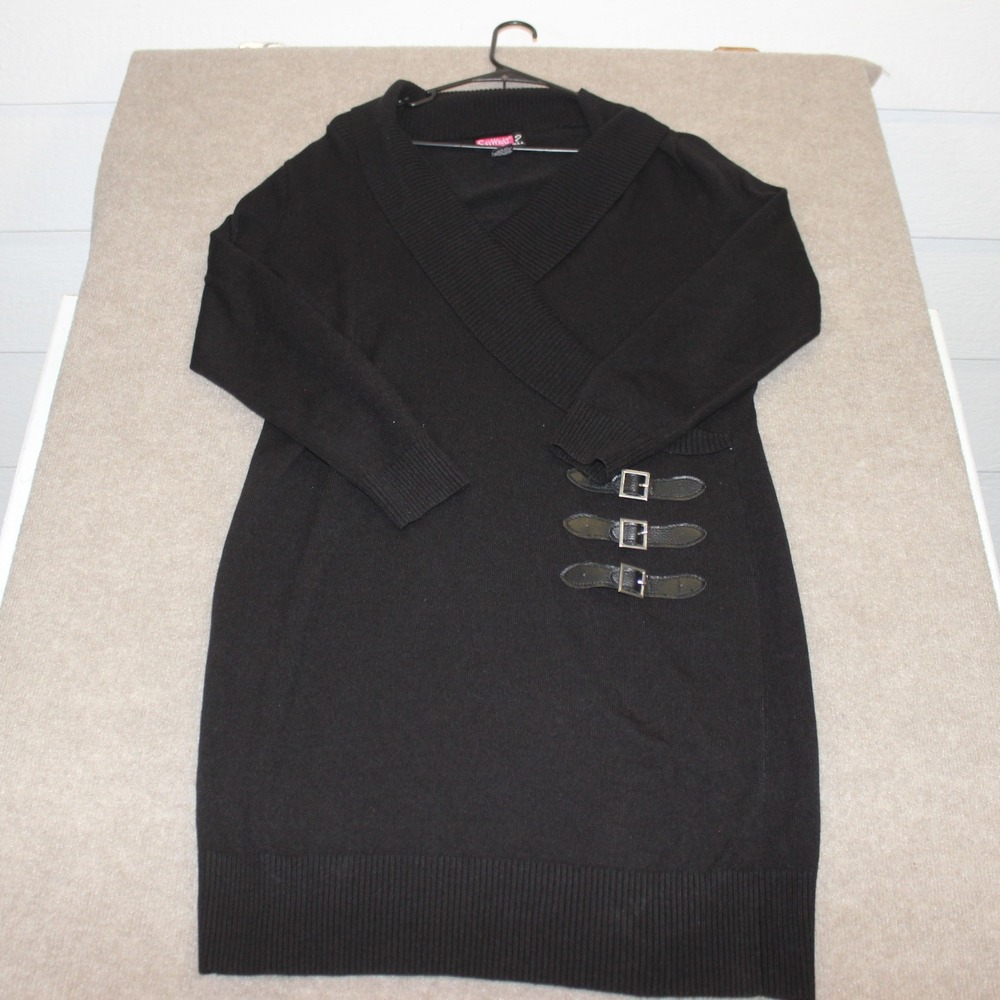 Say What? Womens Plus 1X Black Knit Sweater Dress Buckle Detail Shawl Collar